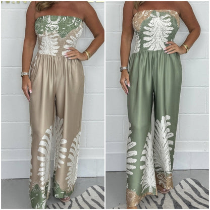 Flora - Stropløs jumpsuit med sommerprint og brede ben