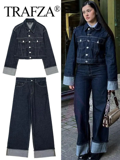 Trafza - Vintage Denim Jakke og Bukser Sæt