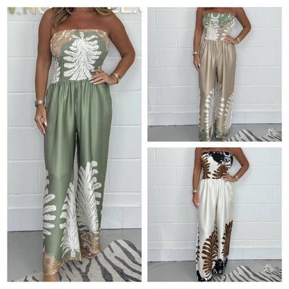 Flora - Stropløs jumpsuit med sommerprint og brede ben