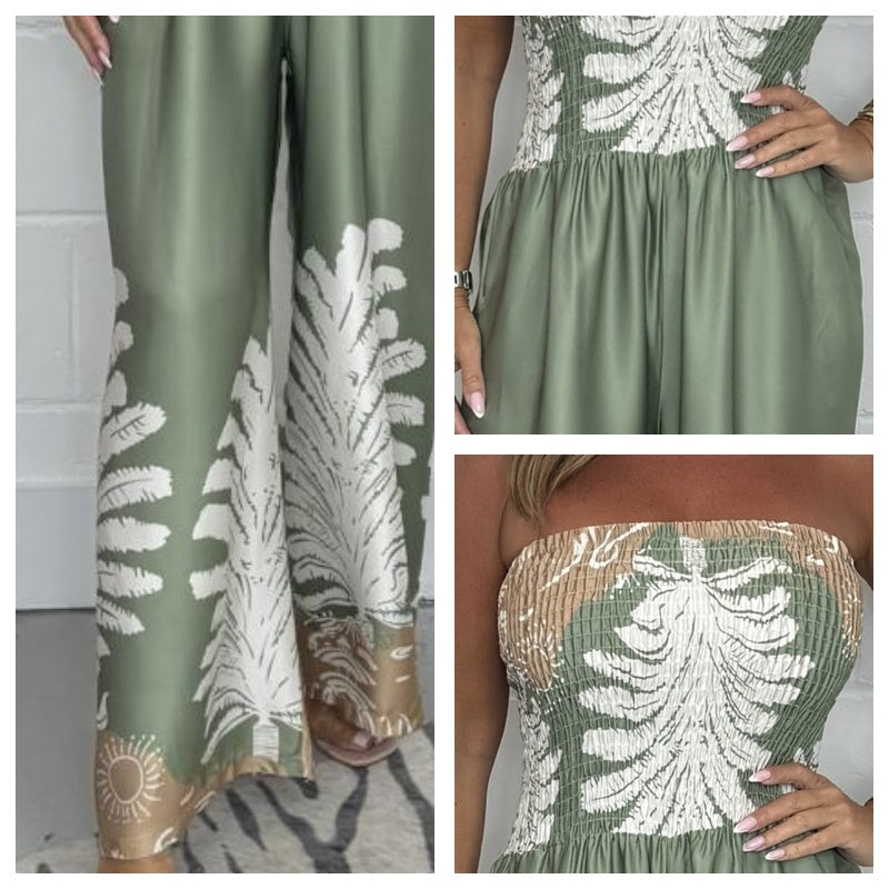 Flora - Stropløs jumpsuit med sommerprint og brede ben